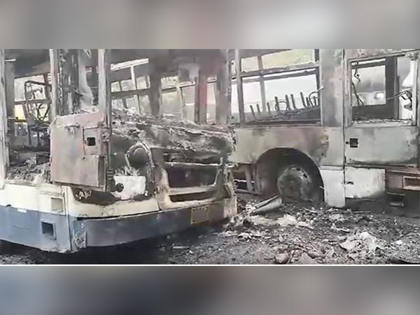 Buses at Dilsukhnagar RTC bus depot damaged due to fire. (Photo/ANI)