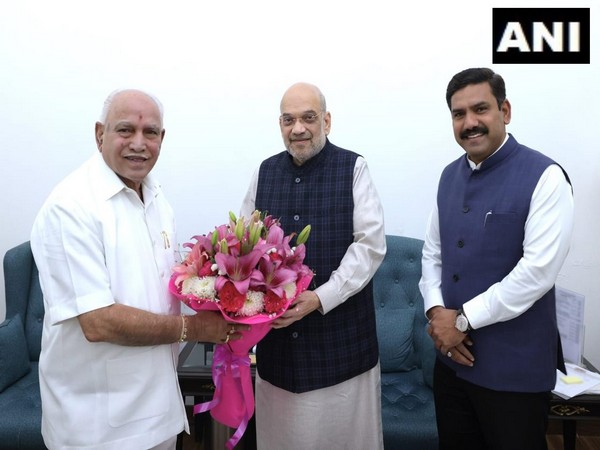 Karnataka BJP chief BY Vijayendra, former CM Yediyurappa meet Amit Shah (Photo/ANI)