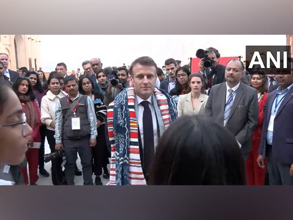 French President Emmauel Macron interacts with Indian students in Jaipur. (Photo: ANI)