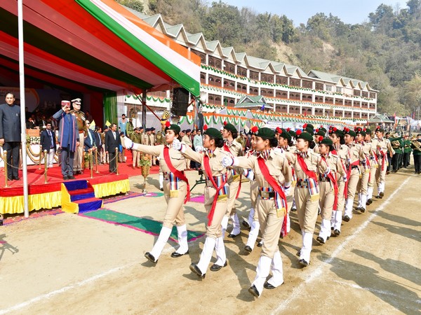 Himachal CM Sukhvinder Singh Sukhu receiving a salute at the 54th Statehood Day function at Dharampur in Mandi district (Photo/ANI)