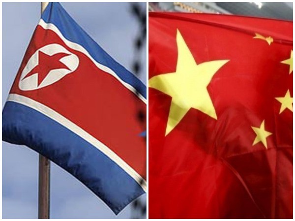 Flag of North Korea and China 
