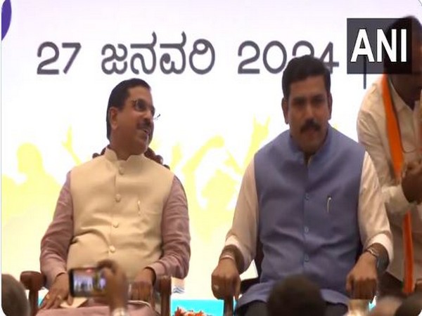 Union Minister Pralhad Joshi and Karnataka BJP President BY Vijayendra at State Executive Committee meeting. (ANI)