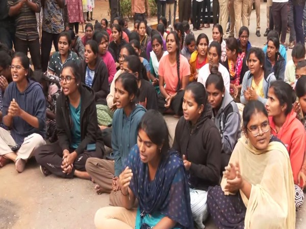 Students at Hyderabad's Osmania University PG Girls Hostel stage protest over security breach (Photo/ANI)