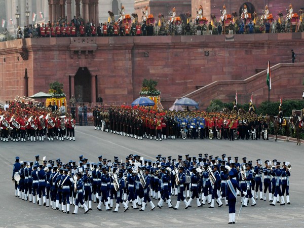 Tri-Services band during beating retreat full dress rehearsal at Vijay Chowk (Photo/ANI)