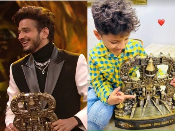 Munawar Faruqui and his son Mikael with 'Bigg Boss' trophy (Image source: Instagram)