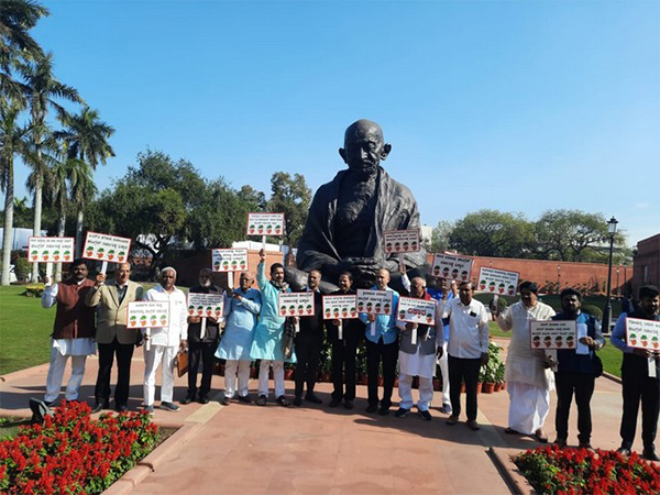 BJP Karnataka MPs are protesting in front of the Gandhi statue (Photo/ANI)