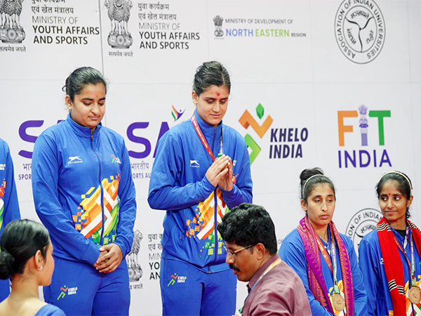 Chandigarh University's Sakshi Sharma (centre) during Khelo India University Games 2023 (Image: MYAS)
