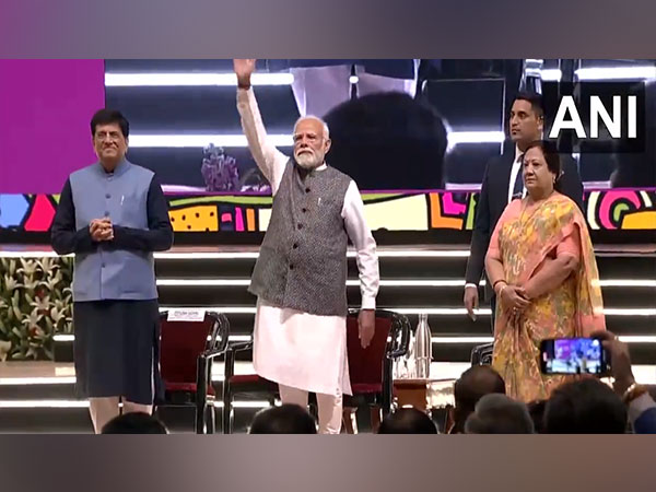 Union Minister Piyush Goyal and Prime Minister Narendra Modi at the inauguration of Bharat Tex 2024