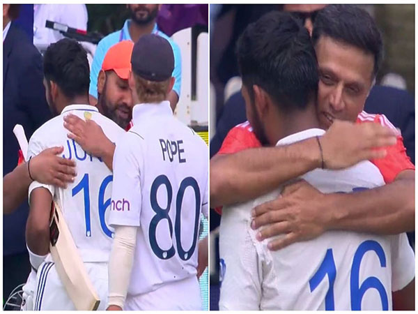 Jurel hugging skipper Rohit and coach Dravid. (Photo- Dhruv Jurel X)