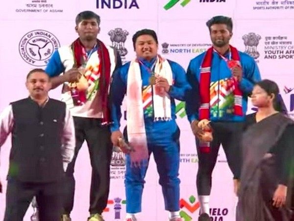 Manipur University's Oinam Alson Singh (Centre of podium) after winning gold in KIUG 2023 (Image: MYAS)