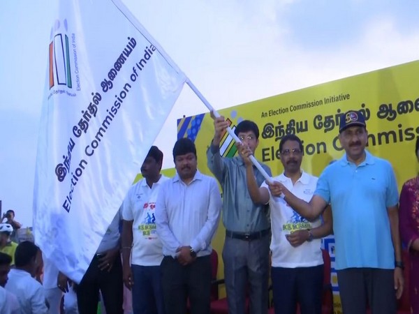 Sathyabratha Sahoo J. Radhakrishnan and Sandip Rai Rathore flags off 'Pedal for Vote Cyclothon' in Chennai (Photo/ANI)
