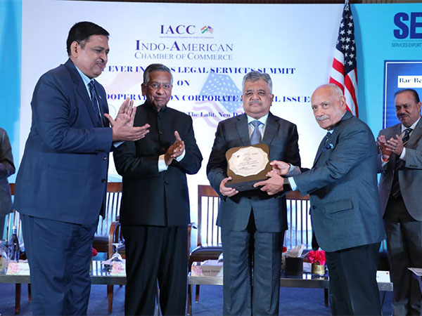 IACC President Pankaj Bohra, Attorney General of India AG Venkatramani, India's Solicitor General Tushar Mehta, IACC National Committee Chairman Lalit Bhasin (From left to right) (Photo/ANI)