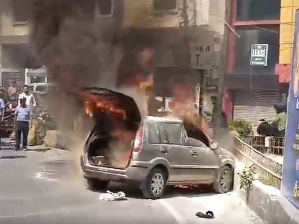 Moving car gutted in fire in Jagitial, Telangana (Photo/ANI)