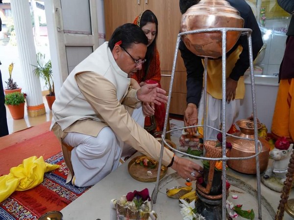 CM Dhami performed consecration ritual of deities at his official residence (Photo/ANI)