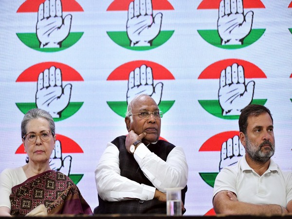 Congress president Mallikarjun Kharge, Parliamentary Party Chairperson Sonia Gandhi, Congress MP Rahul Gandhi (Photo/ANI)