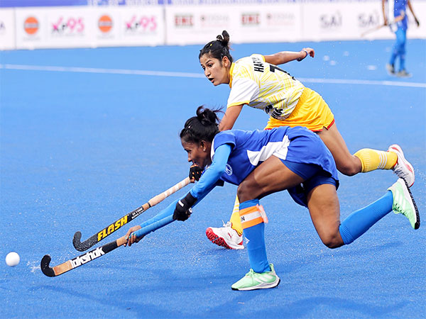 Hockey Haryana (White) in action against Hockey Jharkhand (Blue) during 14th Senior Women's National Championship 2024 (Image: HI)
