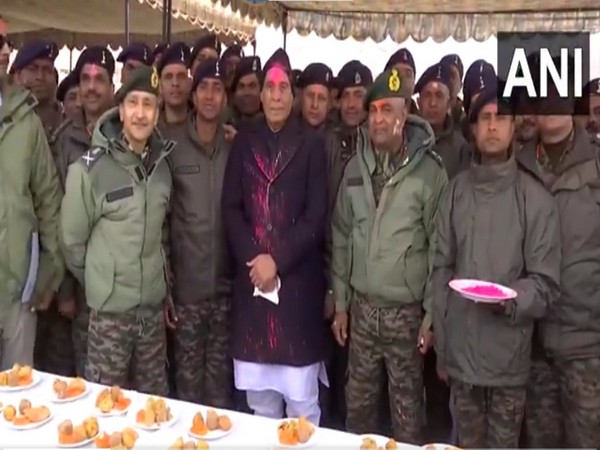 Defence Minister Rajnath Singh celebrates Holi with soldiers in Leh (Photo/ANI)