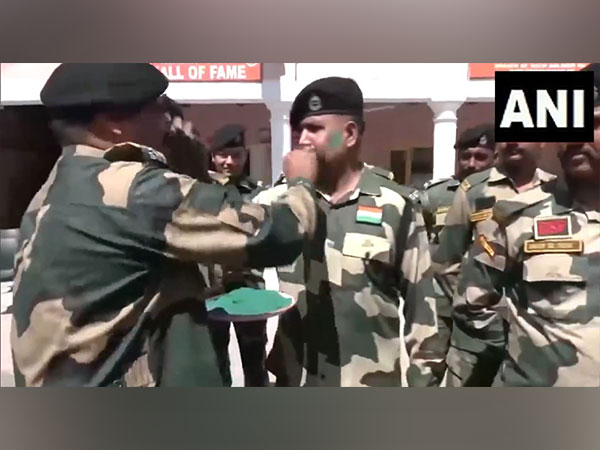 BSF jawans smear fellow comrades in colours at International Border (Image/ANI)