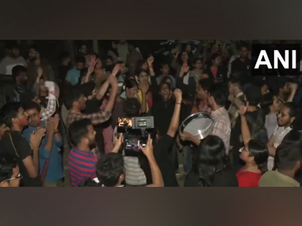Celebrations in JNU campus after Left wins all four seats in the JNU Students' Union Election. (Photo/ANI)