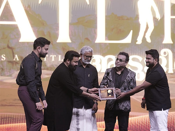 L-R Prithviraj Sukumaran, Actor Mohanlal, Actor Blessy, Director A R Rahman, Music Director Subhash Manuel, Co Founder, Techbank Movies London