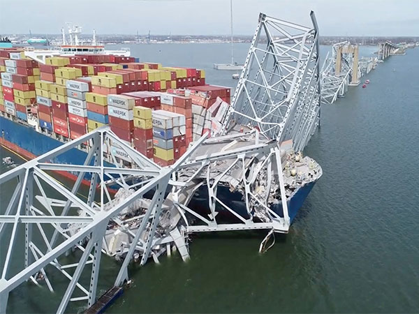 A drone view of the Dali cargo vessel, which crashed into the Francis Scott Key Bridge causing it to collapse, in Baltimore (Photo/Reuters)