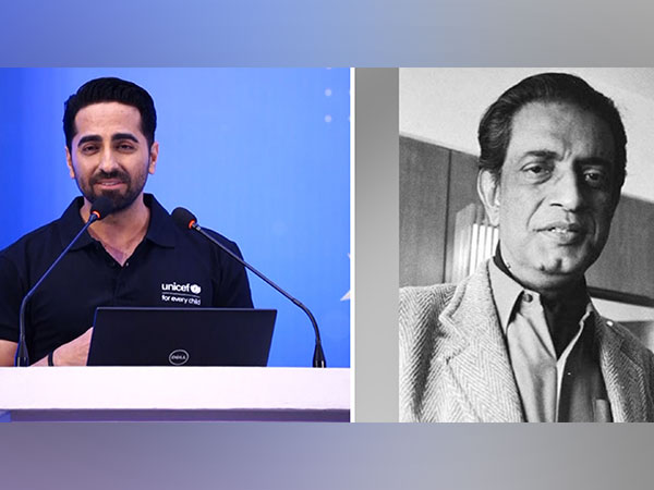 Ayushmann Khurrana and late legendary director Satyajit Ray (Image source: ANI/X)
