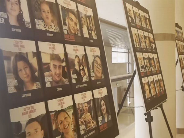 Posters showing portraits of Israeli hostages held in Gaza displayed in Knesset(Photo/ANI)