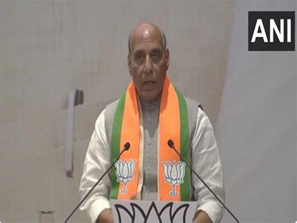 Defence Minister Rajnath Singh speaking at BJP's Sankalp Patra release event. (Photo/ANI)