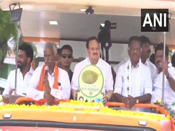 BJP president Nadda holds roadshow in TN's Ramanathapuram in support of former CM OPS (Photo/ANI)