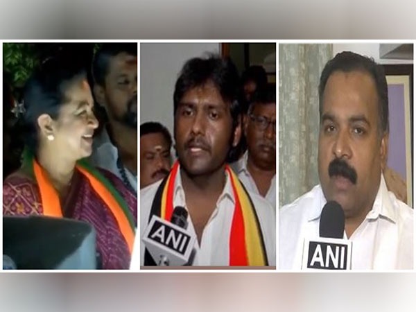 Radikaa Sarathkumar (Left), V Vijayaprabhakaran (middle) and B Manickam Tagore (Photo/ANI)