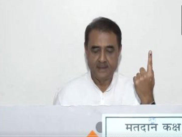 NCP leader Praful Patel casts his vote at a polling booth in Gondia, Maharashtra (Photo/ANI)