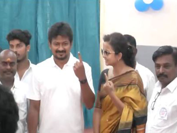 DMK leader Udhayanidhi Stalin, along with his wife, casts his vote (Photo/ANI)
