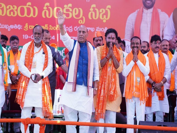 Defence Minister Rajnath Singh addressing a public meeting in Telangana (Photo: X@kishanreddybjp)