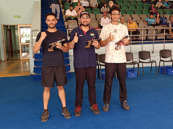 Vijayveer Sidhu (Left), Anish Bhanwala (Centre), Adarsh Singh (Right) during Rifle and Pistol Paris Olympic Trials (Image: NRAI media)