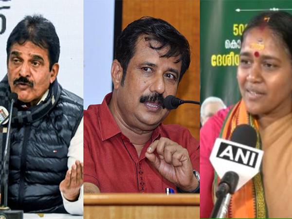 Congress candidate KC Venugopal, CPI(M)'s AM Ariff and BJP's Sobha Surendran (File Photos/ANI)