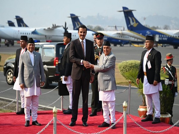 Nepal President Ramchandra Paudel welcomed the Emir upon his arrival at the Tribhuvan International Airport (Photo/ANI)