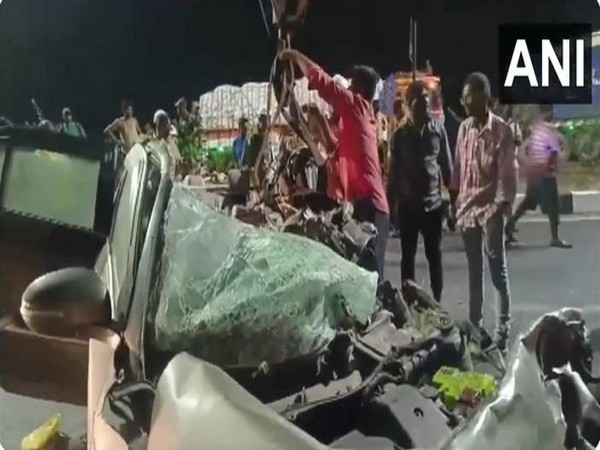 Three people died, when their speeding car hit a lorry in Kavali, Andhra Pradesh (Photo/ANI)
