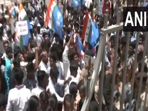NSUI workers protest outside college campus in Karnataka's Hubballi (Photo/ANI)
