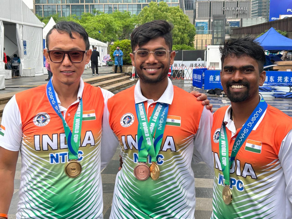World Cup Stage 1 Shanghai gold medal winning Indian recurve archery team members (from left) Tarundeep Rai, Dhiraj Bommadevara and Pravin Jadhav (Image: AAI)