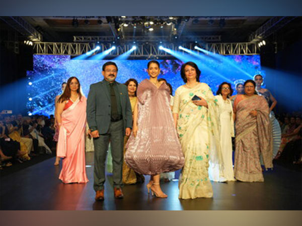L-R: Prof (Dr) AW. Santhosh Kumar, Vice-Chancellor, Amity University Mumbai (AUM), Esha Velankar, showstopper & student and Dr Bhawana Chanana, Director, Amity School of Fashion Technology, AUM