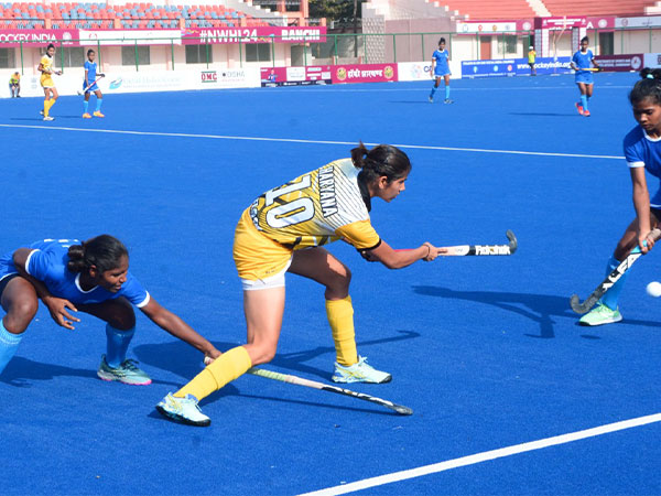 Hockey Haryana's Shashi Khasa (centre) in action during National Women’s Hockey League 2024 (Image: HI)