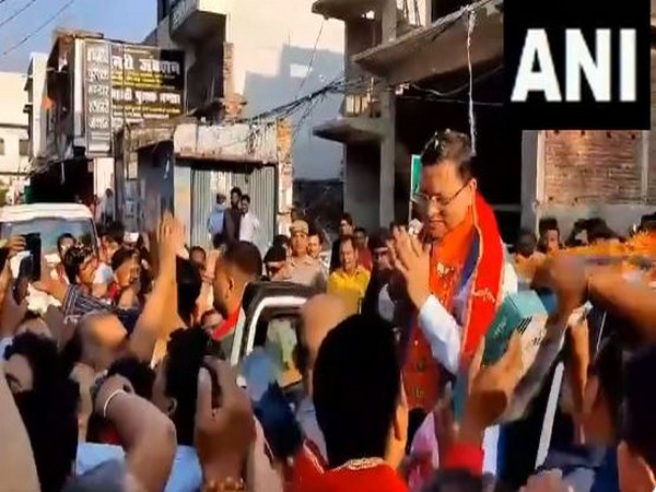 Uttarakhand CM Pushkar Singh Dhami during roadshow in UP's Bahraich. (Photo/ANI)