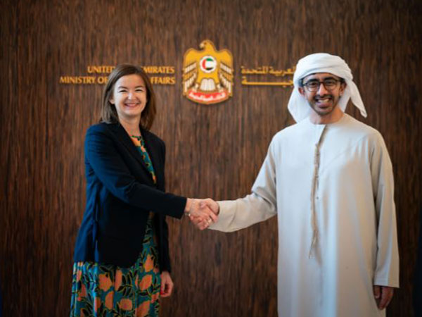UAE FM Sheikh Abdullah bin Zayed Al Nahyan and Tanja Fajon, Deputy Prime Minister and Minister of Foreign and European Affairs of the Republic of Sloveni. (Photo: wam)