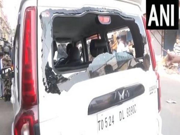 Stones pelted at BJP's Dilip Ghosh car in Bardhaman North’s Kalna Gate area. (Photo/ANI)