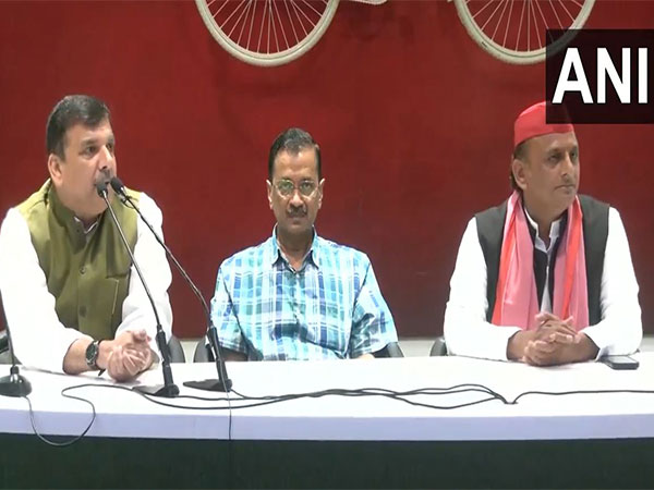 AAP MP Sanjay Singh, Delhi CM Arvind Kejriwal and Samajwadi Party chief Akhilesh Yadav (Photo/ANI)