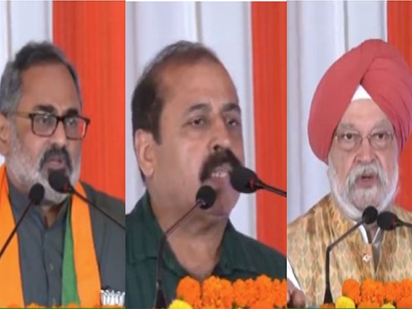 BJP leader Rajeev Chandrasekhar, former IAF chief Air Chief Marshal RKS Bhadauria and Union Minister Hardeep Puri (Photo/ANI)