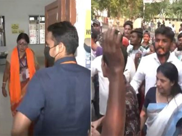 TMC protests BJP’s Agnimitra Paul alleged entry in polling station. (Photo/ANI)