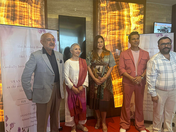 Lieutenant Governor of Andaman and Nicobar, Admiral (Retd.) DK Joshi with wife Chitra Joshi, Randeep Hooda, Lin Laishram at special screening of 'Swatantrya Veer Savarkar' in Port Blair (Image/ANI)