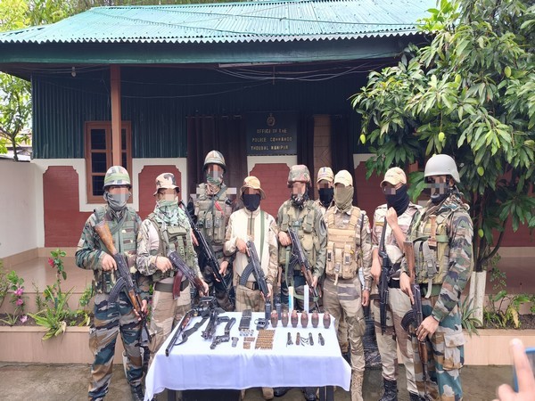 Huge cache of arms, ammunition recovered by security forces in Manipur's Thoubal (Image/ANI)