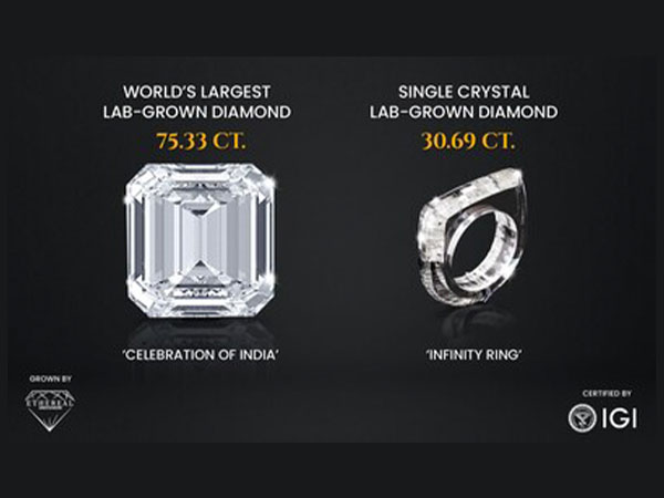 Left to right: Image of IGI-certified diamonds 'Celebration of India' 75.33 ct & 'Infinity Ring' 30.69 ct